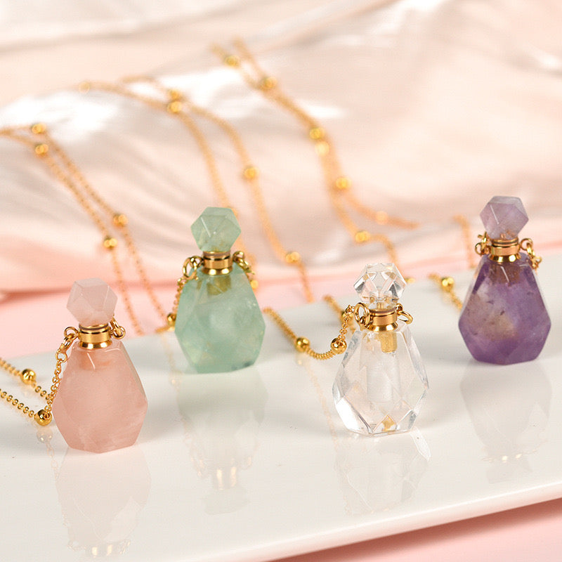 Rose Quartz Perfume Bottle Necklace – Wearable Aromatherapy for Love and Serenity