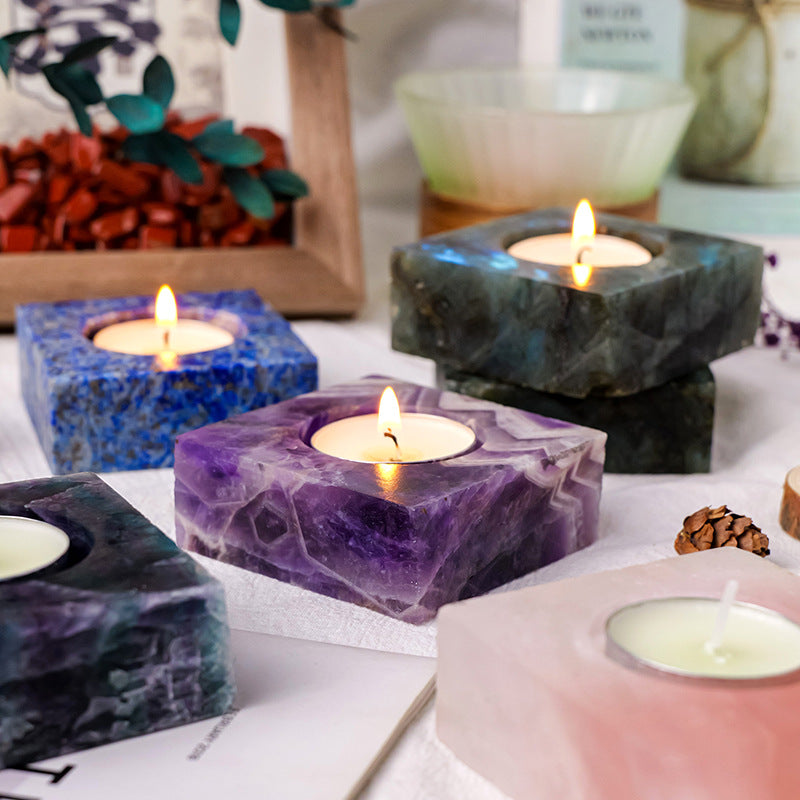 Labradorite Stone Candle Holder – Harness Healing Energy with Natural Crystal Light