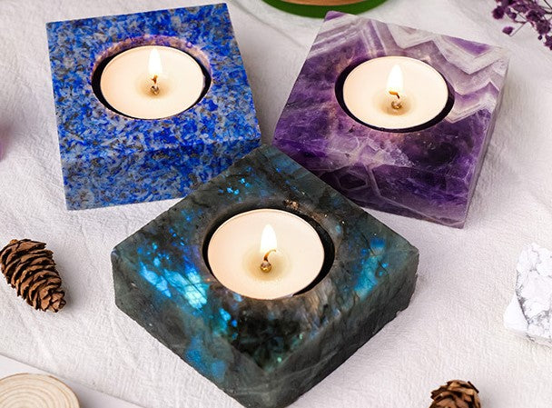 Labradorite Stone Candle Holder – Harness Healing Energy with Natural Crystal Light