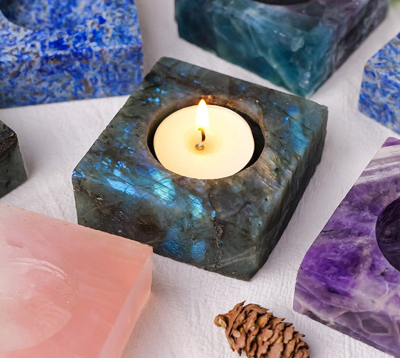 Labradorite Stone Candle Holder – Harness Healing Energy with Natural Crystal Light
