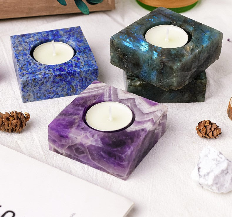 Labradorite Stone Candle Holder – Harness Healing Energy with Natural Crystal Light